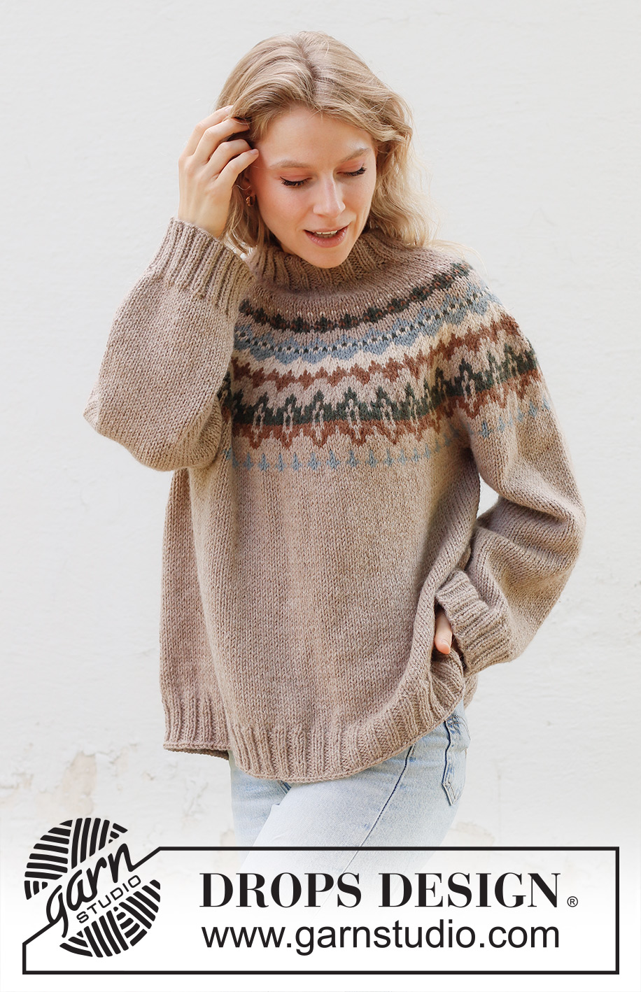 Autumn Reflections Sweater / DROPS 244-24 - Knitted jumper in DROPS Nepal. The piece is worked top down with round yoke, multi-coloured pattern and double neck. Sizes S - XXXL.