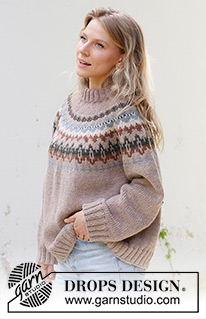 Autumn Reflections Sweater / DROPS 244-24 - Knitted jumper in DROPS Nepal. The piece is worked top down with round yoke, multi-coloured pattern and double neck. Sizes S - XXXL.