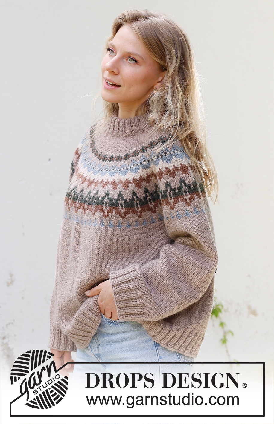 Autumn Reflections Sweater / DROPS 244-24 - Knitted jumper in DROPS Nepal. The piece is worked top down with round yoke, multi-coloured pattern and double neck. Sizes S - XXXL.