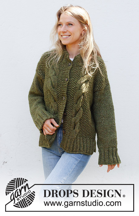 Moss Vine Cardigan / DROPS 244-31 - Strikket cardigan i 2 tråde DROPS Air eller 1 tråd DROPS Wish. Arbejdet strikkes nedefra og op med snoninger, perlestrik, slids i siderne og dobbelt halskant. Størrelse XS - XXL.