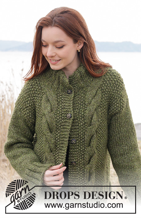 Moss Vine Cardigan / DROPS 244-31 - Strikket cardigan i 2 tråde DROPS Air eller 1 tråd DROPS Wish. Arbejdet strikkes nedefra og op med snoninger, perlestrik, slids i siderne og dobbelt halskant. Størrelse XS - XXL.