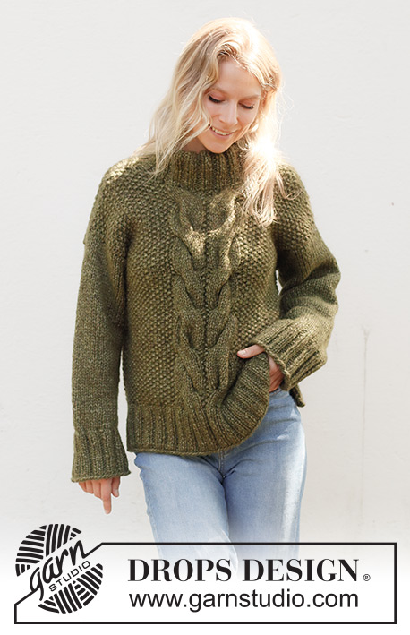 Moss Vine Sweater / DROPS 244-32 - Strikket bluse i 2 tråde DROPS Air eller 1 tråd DROPS Wish. Arbejdet strikkes nedefra og op med snoninger, perlestrik, slids i siderne og dobbelt halskant. Størrelse XS - XXL.