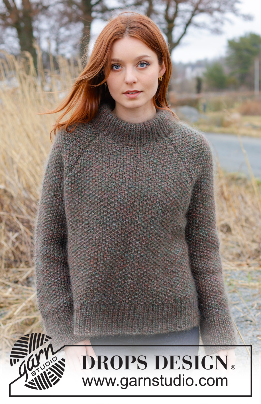 Forest Trails Sweater / DROPS 244-4 - Knitted jumper in 4 strands DROPS Kid-Silk. The piece is worked top down with moss stitch, double neck, raglan and split in sides. Sizes S - XXXL.