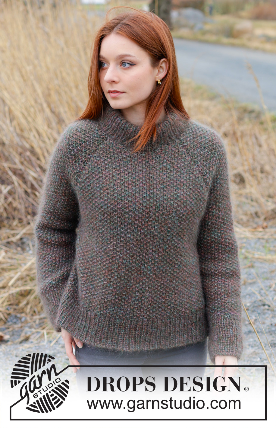 Forest Trails Sweater / DROPS 244-4 - Knitted jumper in 4 strands DROPS Kid-Silk. The piece is worked top down with moss stitch, double neck, raglan and split in sides. Sizes S - XXXL.