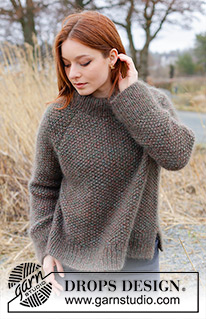 Forest Trails Sweater / DROPS 244-4 - Knitted jumper in 4 strands DROPS Kid-Silk. The piece is worked top down with moss stitch, double neck, raglan and split in sides. Sizes S - XXXL.