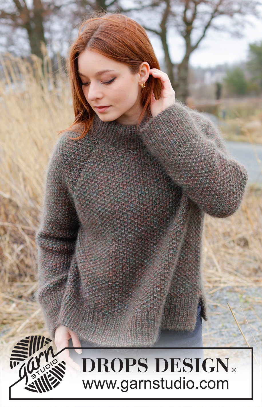 Forest Trails Sweater / DROPS 244-4 - Knitted jumper in 4 strands DROPS Kid-Silk. The piece is worked top down with moss stitch, double neck, raglan and split in sides. Sizes S - XXXL.