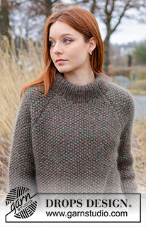 Forest Trails Sweater / DROPS 244-4 - Knitted jumper in 4 strands DROPS Kid-Silk. The piece is worked top down with moss stitch, double neck, raglan and split in sides. Sizes S - XXXL.
