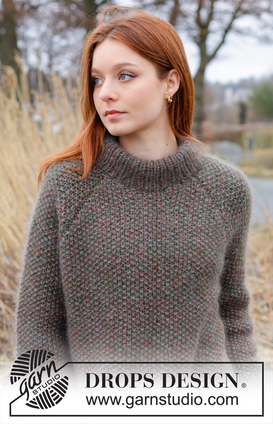 Forest Trails Sweater / DROPS 244-4 - Knitted jumper in 4 strands DROPS Kid-Silk. The piece is worked top down with moss stitch, double neck, raglan and split in sides. Sizes S - XXXL.