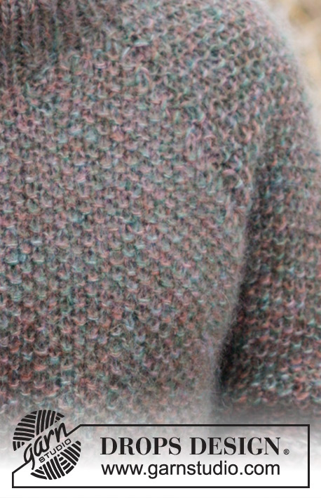 Forest Trails Sweater / DROPS 244-4 - Knitted jumper in 4 strands DROPS Kid-Silk. The piece is worked top down with moss stitch, double neck, raglan and split in sides. Sizes S - XXXL.