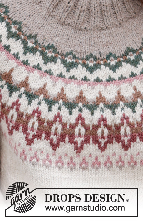 Forest Echo Sweater / DROPS 244-9 - Kötött Drops pulóver DROPS Nepal fonalból. A darabot fentről lefelé irányban készítjük, kerek vállrésszel, színes mintával, dupla nyakkal és az oldalán hasítékkal. S - XXXL méretekben.
