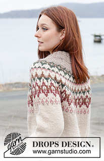 Forest Echo Sweater / DROPS 244-9 - Kötött Drops pulóver DROPS Nepal fonalból. A darabot fentről lefelé irányban készítjük, kerek vállrésszel, színes mintával, dupla nyakkal és az oldalán hasítékkal. S - XXXL méretekben.