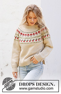 Mushroom Season Sweater / DROPS 245-11 - Strikket genser i DROPS Karisma. Arbeidet strikkes ovenfra og ned med dobbel halskant, rundfelling, flerfarget mønster med sopp og bær og splitt i sidene. Størrelse S - XXXL.