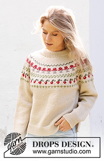 Mushroom Season Sweater / DROPS 245-11 - Strikket genser i DROPS Karisma. Arbeidet strikkes ovenfra og ned med dobbel halskant, rundfelling, flerfarget mønster med sopp og bær og splitt i sidene. Størrelse S - XXXL.