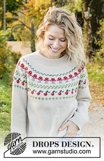 Mushroom Season Sweater / DROPS 245-11 - Strikket genser i DROPS Karisma. Arbeidet strikkes ovenfra og ned med dobbel halskant, rundfelling, flerfarget mønster med sopp og bær og splitt i sidene. Størrelse S - XXXL.