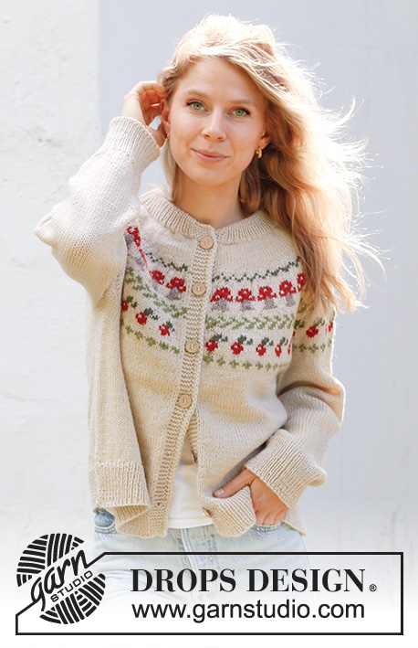 Mushroom Season Cardigan / DROPS 245-12 - Knitted jacket in DROPS Karisma. The piece is worked top down with double neck, round yoke, split in sides and multi-colored pattern with fungi and berries. Sizes S - XXXL.
