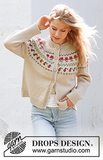 Mushroom Season Cardigan / DROPS 245-12 - Knitted jacket in DROPS Karisma. The piece is worked top down with double neck, round yoke, split in sides and multi-colored pattern with fungi and berries. Sizes S - XXXL.