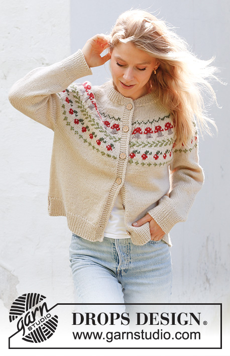 Mushroom Season Cardigan / DROPS 245-12 - Knitted jacket in DROPS Karisma. The piece is worked top down with double neck, round yoke, split in sides and multi-colored pattern with fungi and berries. Sizes S - XXXL.