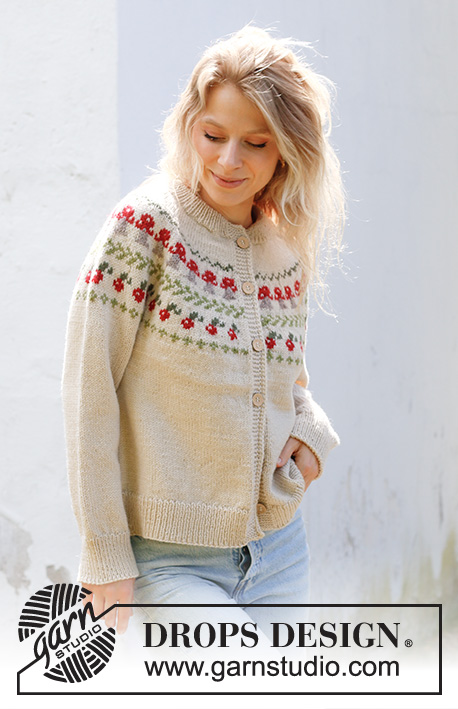 Mushroom Season Cardigan / DROPS 245-12 - Knitted jacket in DROPS Karisma. The piece is worked top down with double neck, round yoke, split in sides and multi-colored pattern with fungi and berries. Sizes S - XXXL.