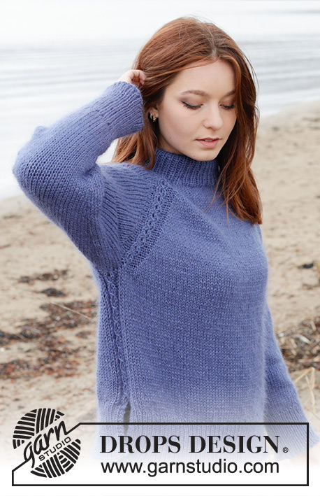 Moonlit Ocean / DROPS 245-13 - Maglione lavorato ai ferri in DROPS Merino Extra Fine e DROPS Kid-Silk. Lavorato dall’alto in basso con collo doppio, raglan, trecce e spacchi laterali. Taglie: S - XXXL.