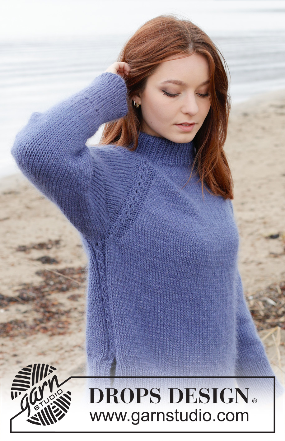 Moonlit Ocean / DROPS 245-13 - Maglione lavorato ai ferri in DROPS Merino Extra Fine e DROPS Kid-Silk. Lavorato dall’alto in basso con collo doppio, raglan, trecce e spacchi laterali. Taglie: S - XXXL.