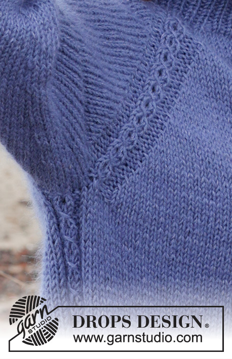 Moonlit Ocean / DROPS 245-13 - Maglione lavorato ai ferri in DROPS Merino Extra Fine e DROPS Kid-Silk. Lavorato dall’alto in basso con collo doppio, raglan, trecce e spacchi laterali. Taglie: S - XXXL.