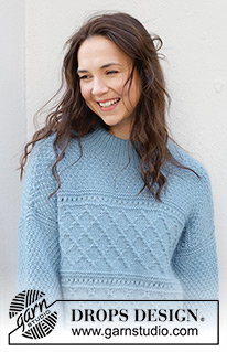 Blue Diamonds Sweater / DROPS 245-14 - Strikket genser i DROPS Karisma og DROPS Kid-Silk. Arbeidet strikkes ovenfra og ned med skrå skulder, relieff mønster, splitt i sidene og dobbel halskant. Størrelse S - XXXL.