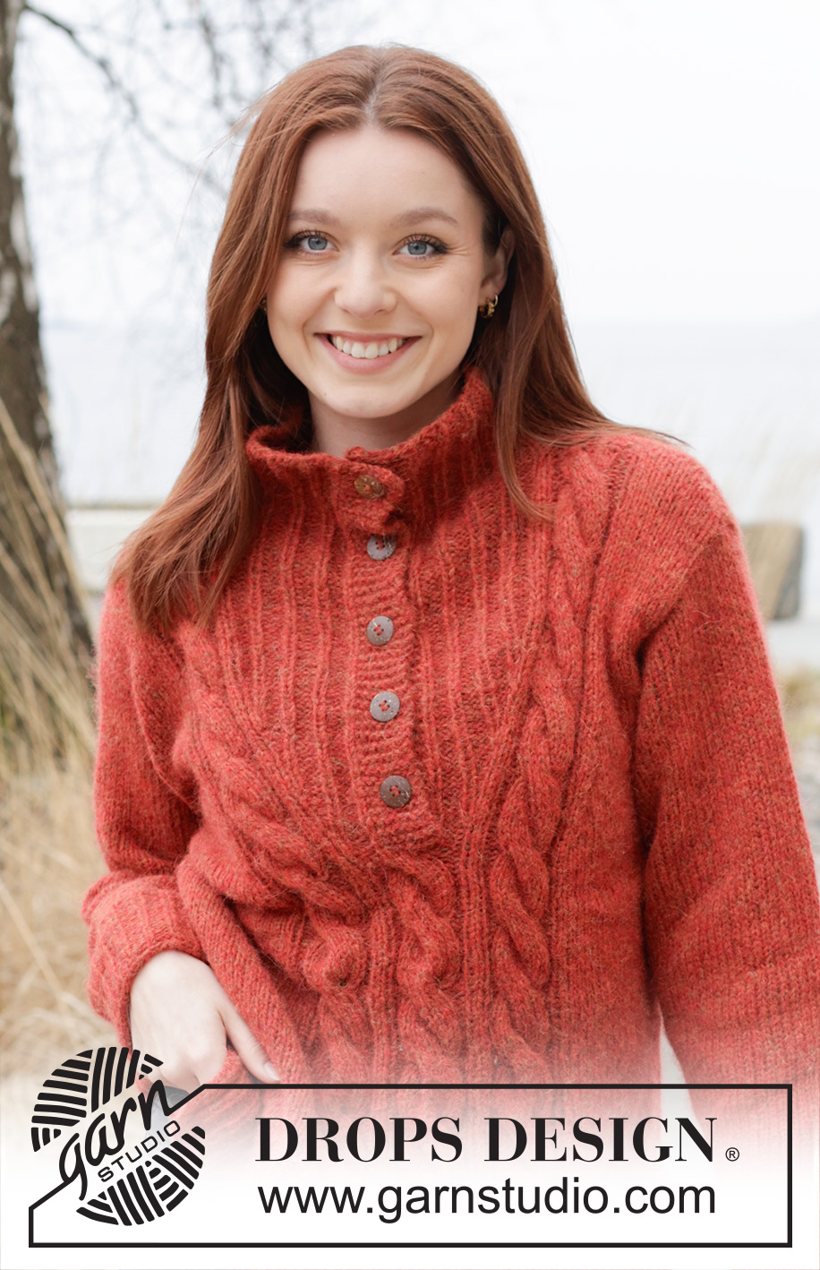 Autumn Blaze / DROPS 245-17 - Knitted sweater in DROPS Air. The piece is worked bottom up with high neck, cables and split in sides. Sizes S - XXXL.