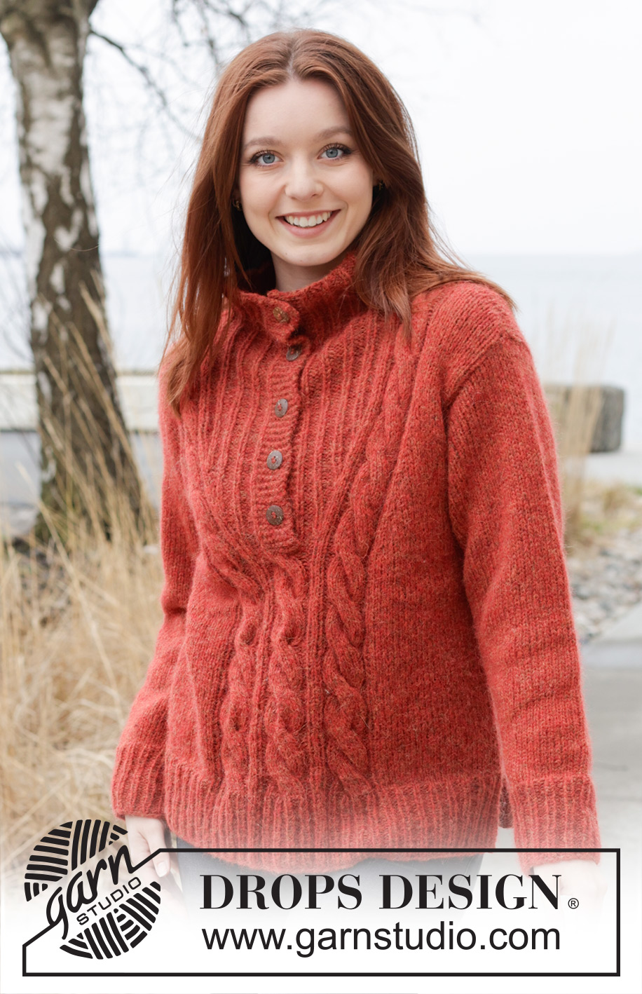 Autumn Blaze / DROPS 245-17 - Knitted sweater in DROPS Air. The piece is worked bottom up with high neck, cables and split in sides. Sizes S - XXXL.