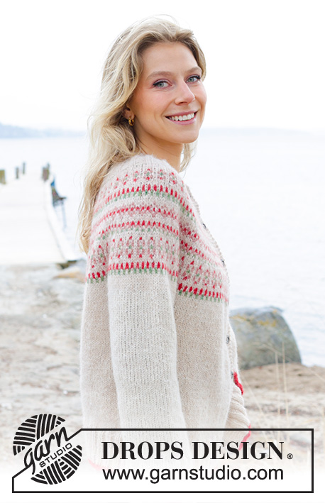 Something About Holly Cardigan / DROPS 245-18 - Knitted jacket in DROPS Air. The piece is worked top down with round yoke and multi-coloured pattern. Size S - XXXL.