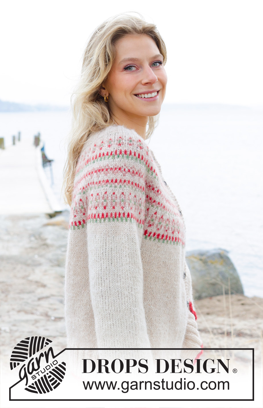 Something About Holly Cardigan / DROPS 245-18 - Knitted jacket in DROPS Air. The piece is worked top down with round yoke and multi-coloured pattern. Size S - XXXL.