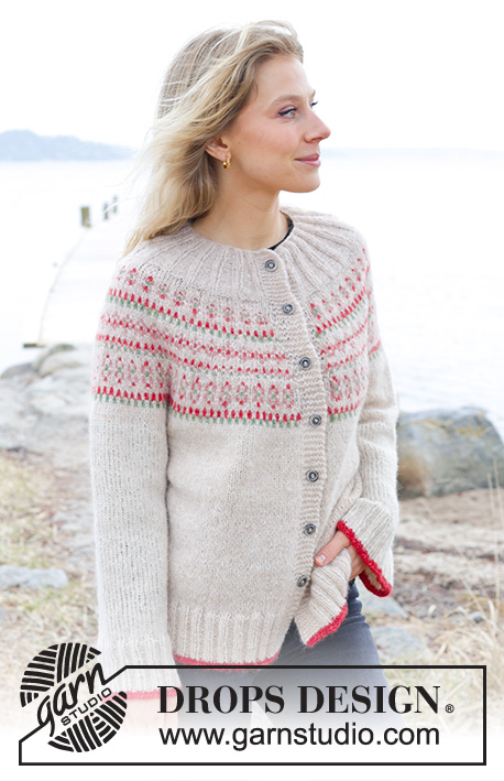 Something About Holly Cardigan / DROPS 245-18 - Knitted jacket in DROPS Air. The piece is worked top down with round yoke and multi-coloured pattern. Size S - XXXL.