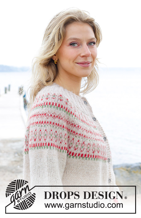 Something About Holly Cardigan / DROPS 245-18 - Knitted jacket in DROPS Air. The piece is worked top down with round yoke and multi-coloured pattern. Size S - XXXL.