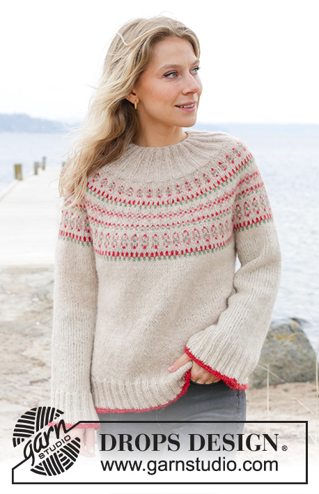 Something About Holly Sweater / DROPS 245-19 - Kötött pulóver DROPS Air fonalból. A darabot fentről lefelé irányban készítjük- kerek vállrésszel és színes mintával. S - XXXL méretekben.