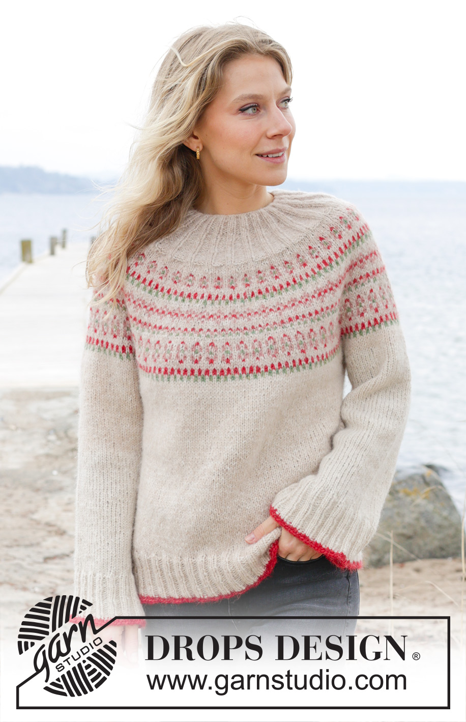 Something About Holly Sweater / DROPS 245-19 - Kötött pulóver DROPS Air fonalból. A darabot fentről lefelé irányban készítjük- kerek vállrésszel és színes mintával. S - XXXL méretekben.
