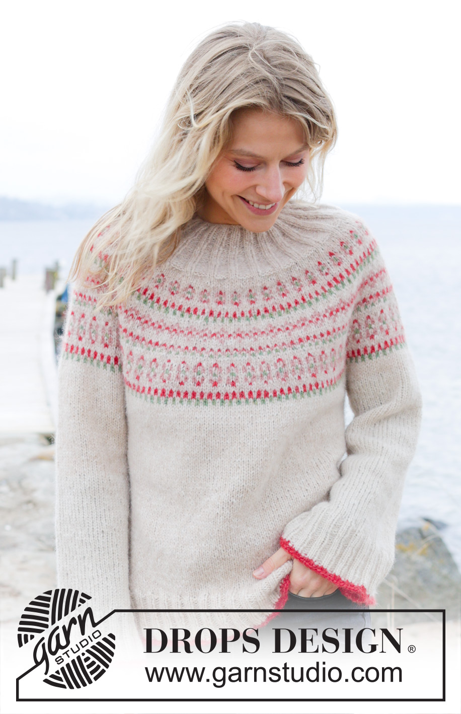 Something About Holly Sweater / DROPS 245-19 - Kötött pulóver DROPS Air fonalból. A darabot fentről lefelé irányban készítjük- kerek vállrésszel és színes mintával. S - XXXL méretekben.