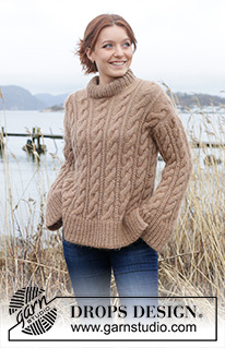 Cinnamon Swirls / DROPS 245-20 - Maglione lavorato ai ferri in DROPS Puna e DROPS Kid-Silk. Lavorato dall’alto in basso con spalle europee/diagonali delle spalle, trecce, collo doppio e spacchi laterali. Taglie: S - XXXL.