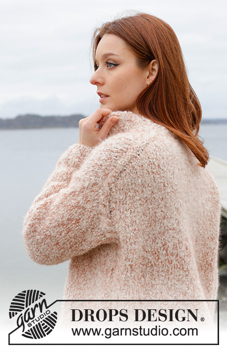Frosted Confetti / DROPS 245-22 - Maglione lavorato ai ferri in DROPS Alpaca Bouclé e DROPS Kid-Silk. Lavorato dall’alto in basso con trecce, spalle europee/diagonali delle spalle e spacchi laterali. Taglie: S - XXXL.