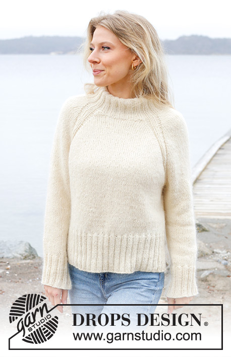 Bright Moon Rising / DROPS 245-23 - Pulôver tricotado de cima para baixo em DROPS Soft Tweed e DROPS Kid-Silk. Tricota-se com cavas raglan, gola dobrada e fendas nos lados. Do S ao XXXL.