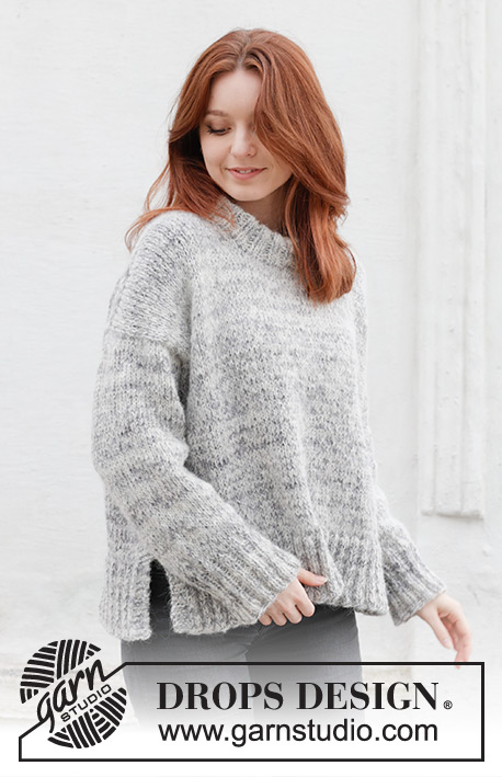 Stormy Evening  Sweater / DROPS 245-24 - Jersey de punto en DROPS Fabel y DROPS Brushed Alpaca Silk. La pieza está tejida de arriba hacia abajo en punto jersey con hombros europeos / hombros diagonales y cuello doble. Tallas S – XXXL.