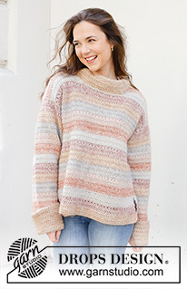 Lakeside Watercolour Sweater / DROPS 245-28 - Crocheted jumper in DROPS Puna and DROPS Kid-Silk. The piece is worked bottom up with stripes, split in sides and fold-up sleeves. Sizes S - XXXL.