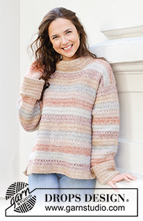 Lakeside Watercolour Sweater / DROPS 245-28 - Crocheted jumper in DROPS Puna and DROPS Kid-Silk. The piece is worked bottom up with stripes, split in sides and fold-up sleeves. Sizes S - XXXL.
