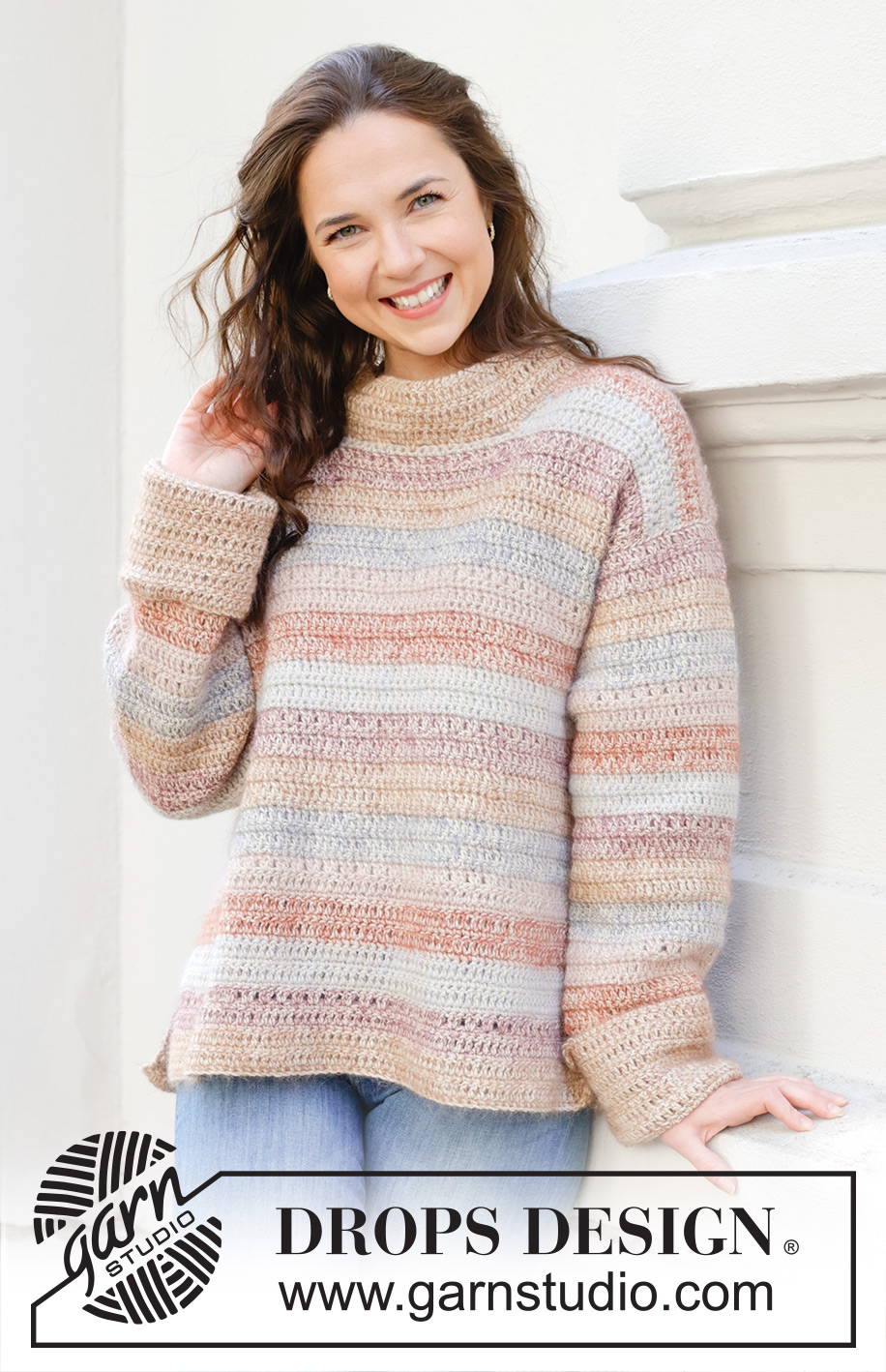 Lakeside Watercolour Sweater / DROPS 245-28 - Crocheted jumper in DROPS Puna and DROPS Kid-Silk. The piece is worked bottom up with stripes, split in sides and fold-up sleeves. Sizes S - XXXL.