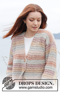 Lakeside Watercolour Cardigan / DROPS 245-29 - Pruhovaný propínací svetr s V-výstřihem a postranními rozparky háčkovaný zdola nahoru z příze DROPS Puna a DROPS Kid-Silk. Velikost: S-XXXL.