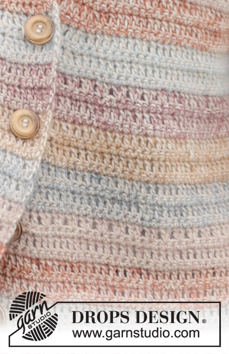 Lakeside Watercolour Cardigan / DROPS 245-29 - Pruhovaný propínací svetr s V-výstřihem a postranními rozparky háčkovaný zdola nahoru z příze DROPS Puna a DROPS Kid-Silk. Velikost: S-XXXL.