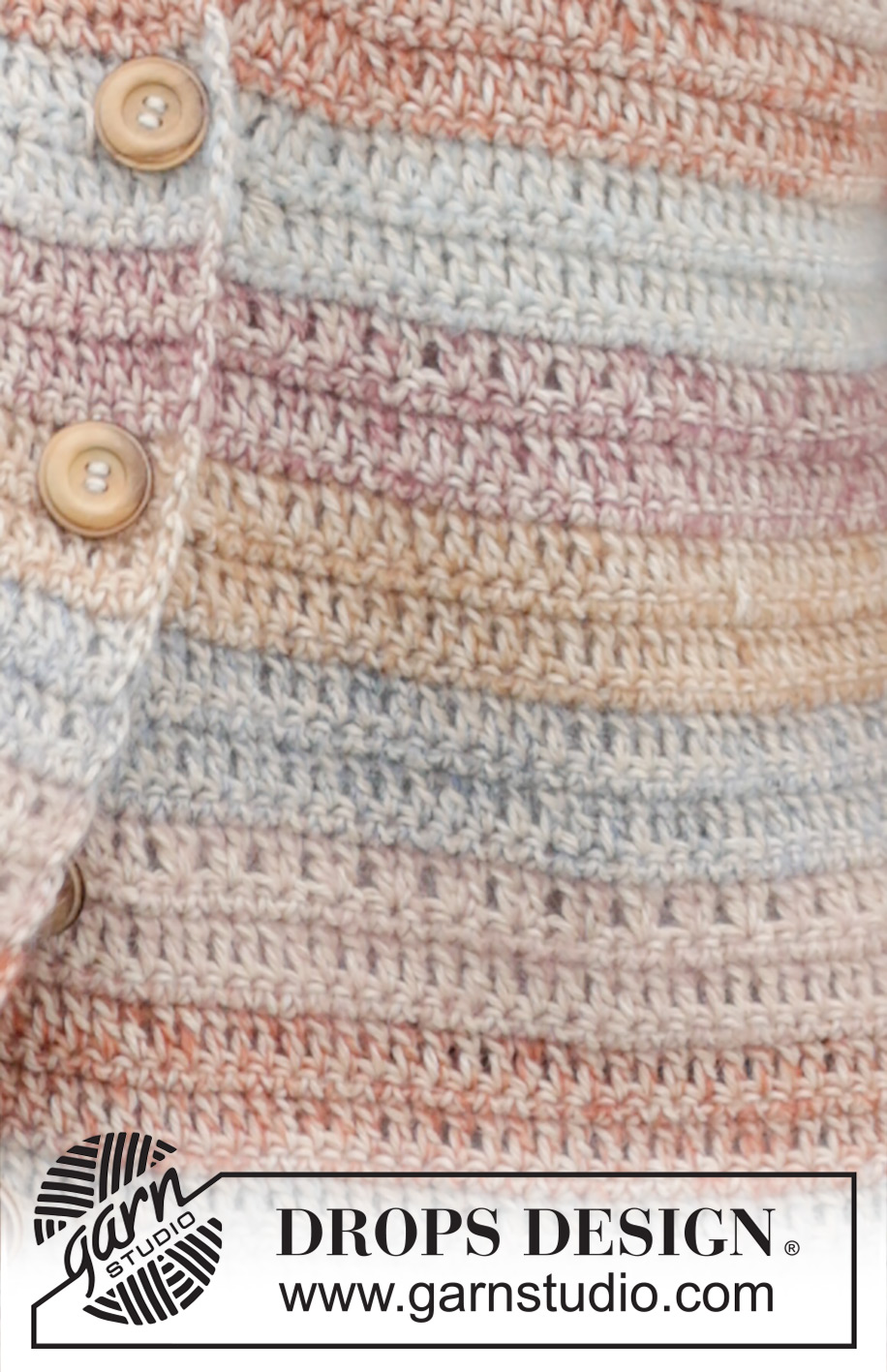 Lakeside Watercolour Cardigan / DROPS 245-29 - Pruhovaný propínací svetr s V-výstřihem a postranními rozparky háčkovaný zdola nahoru z příze DROPS Puna a DROPS Kid-Silk. Velikost: S-XXXL.