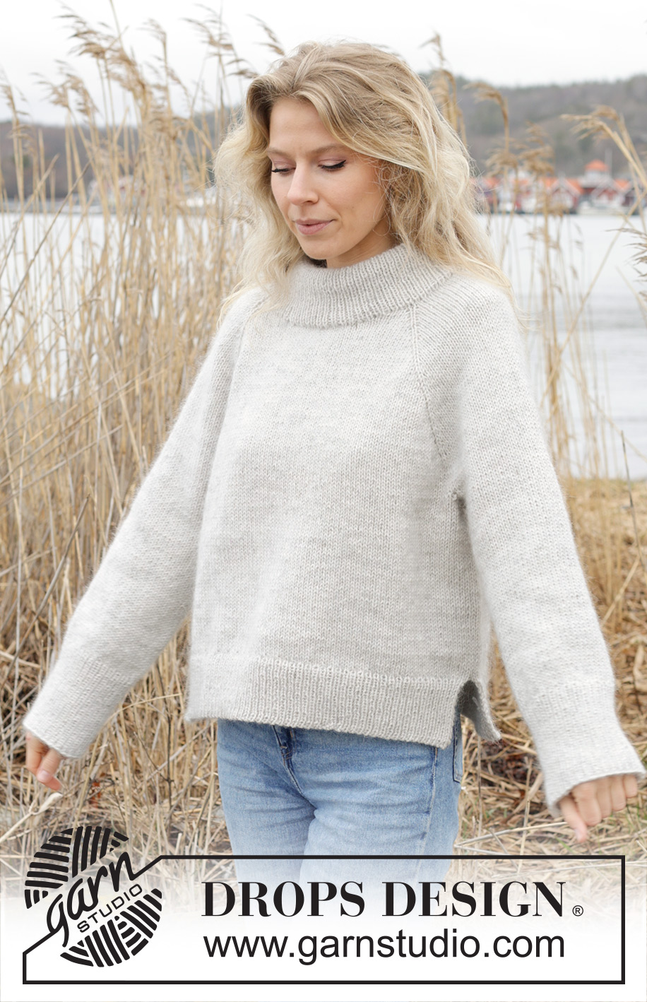 Moon Mist / DROPS 245-7 - Knitted jumper in DROPS Lima and DROPS Kid-Silk. The piece is worked top down with raglan, double neck and split in sides. Sizes S - XXXL.