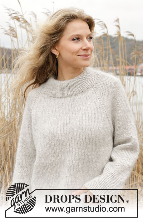 Moon Mist / DROPS 245-7 - Knitted jumper in DROPS Lima and DROPS Kid-Silk. The piece is worked top down with raglan, double neck and split in sides. Sizes S - XXXL.