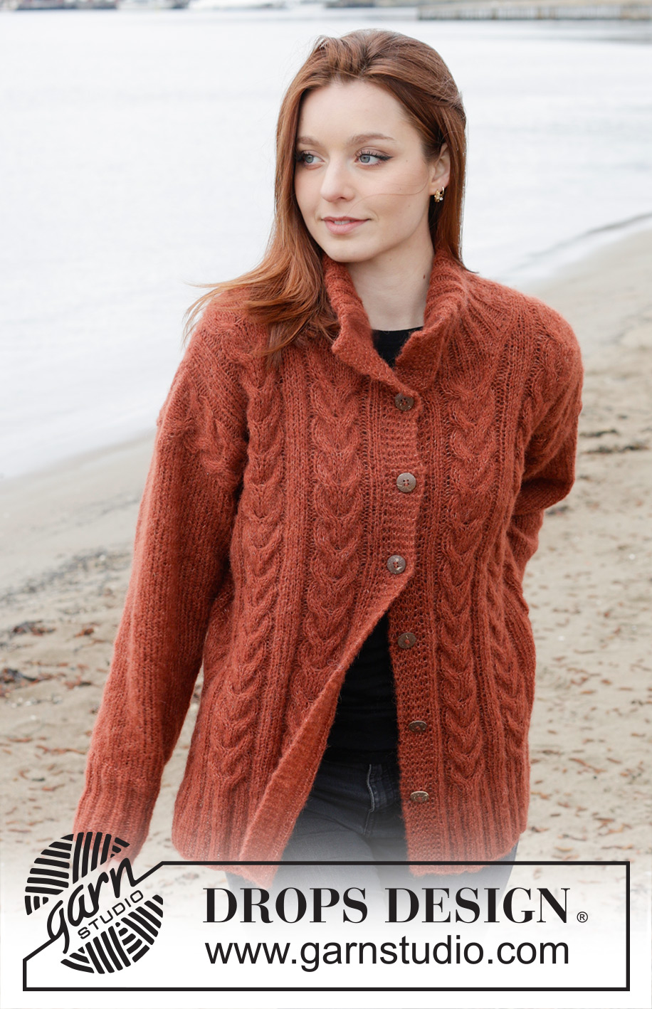 Flaming Heart Cardigan / DROPS 245-9 - Knitted jacket in DROPS Brushed Alpaca Silk. The piece is worked bottom up with cables, double neck and split in sides. Sizes S - XXXL.