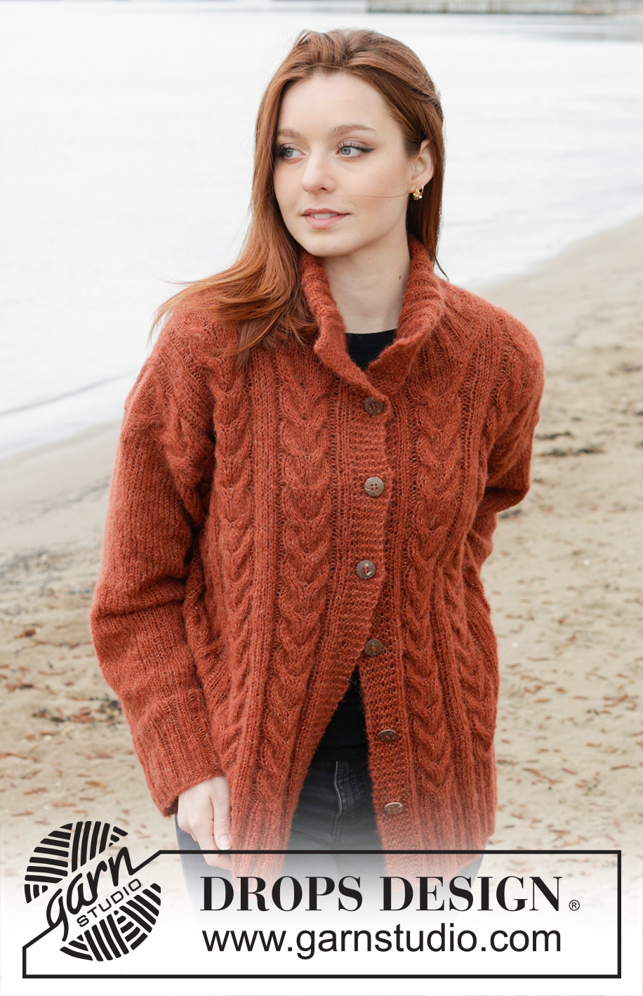 Flaming Heart Cardigan / DROPS 245-9 - Knitted jacket in DROPS Brushed Alpaca Silk. The piece is worked bottom up with cables, double neck and split in sides. Sizes S - XXXL.