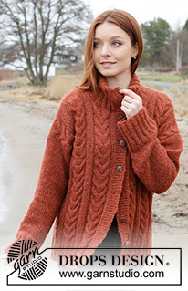 Flaming Heart Cardigan / DROPS 245-9 - Knitted jacket in DROPS Brushed Alpaca Silk. The piece is worked bottom up with cables, double neck and split in sides. Sizes S - XXXL.